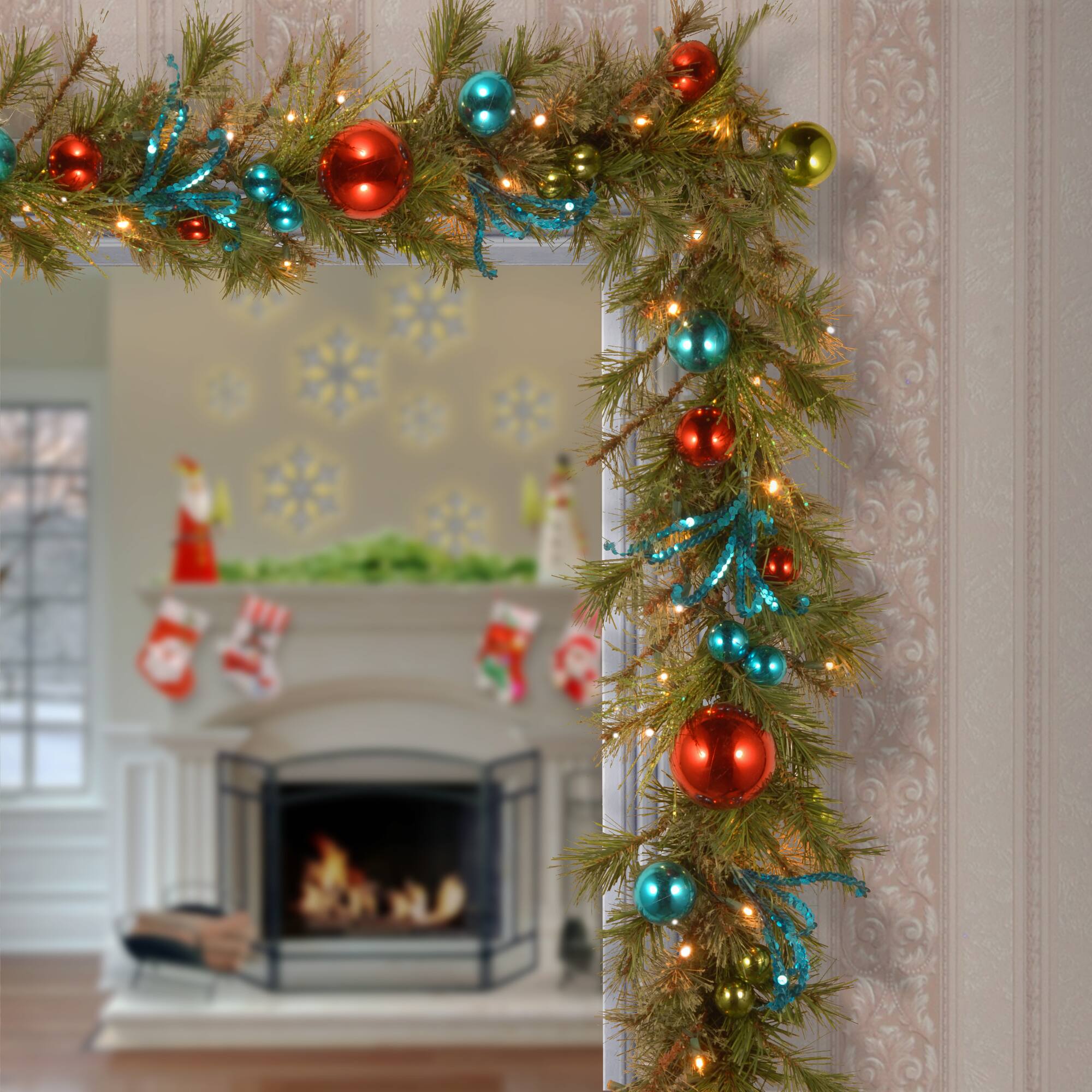 9ft. Pre-Lit LED Retro Red & Blue Ornament Garland